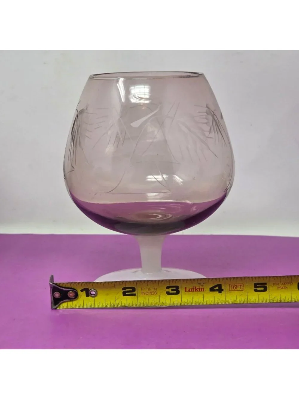Vintage Made in Japan Amethyst Etched Brandy Snifter Frosted Stem Glass‎